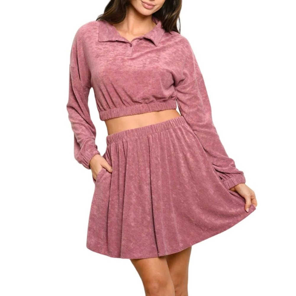 Fate Mauve Terry Cloth Long Sleeve Collared Mini Skirt 2Pc Set Medium/ #26439